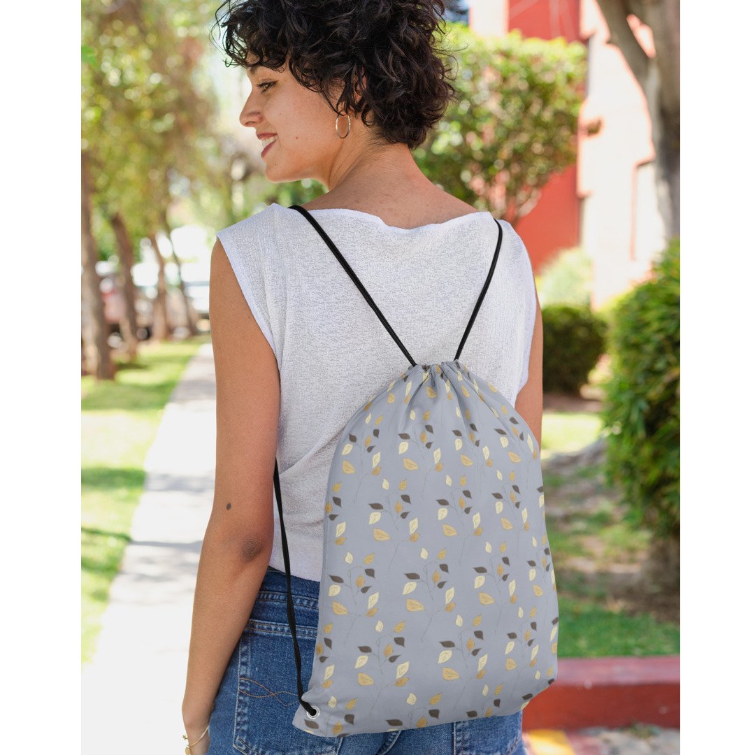 Black & Gold Leaves Pattern Drawstring Bag