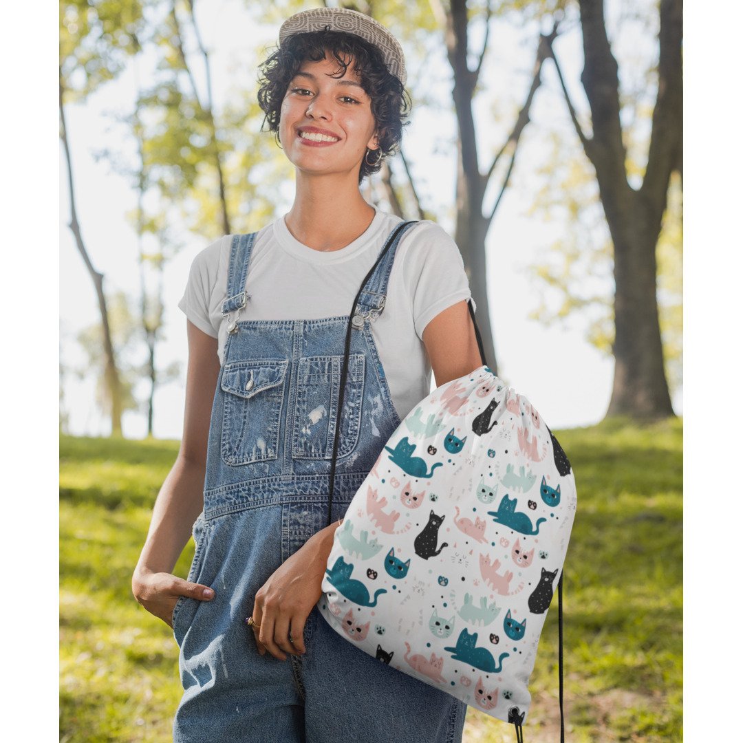 Cats & Paws Pattern Drawstring Bag #White