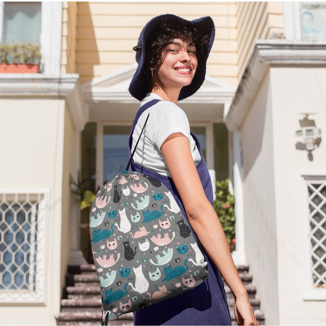 Cats & Paws Pattern Drawstring Bag #Charcoal