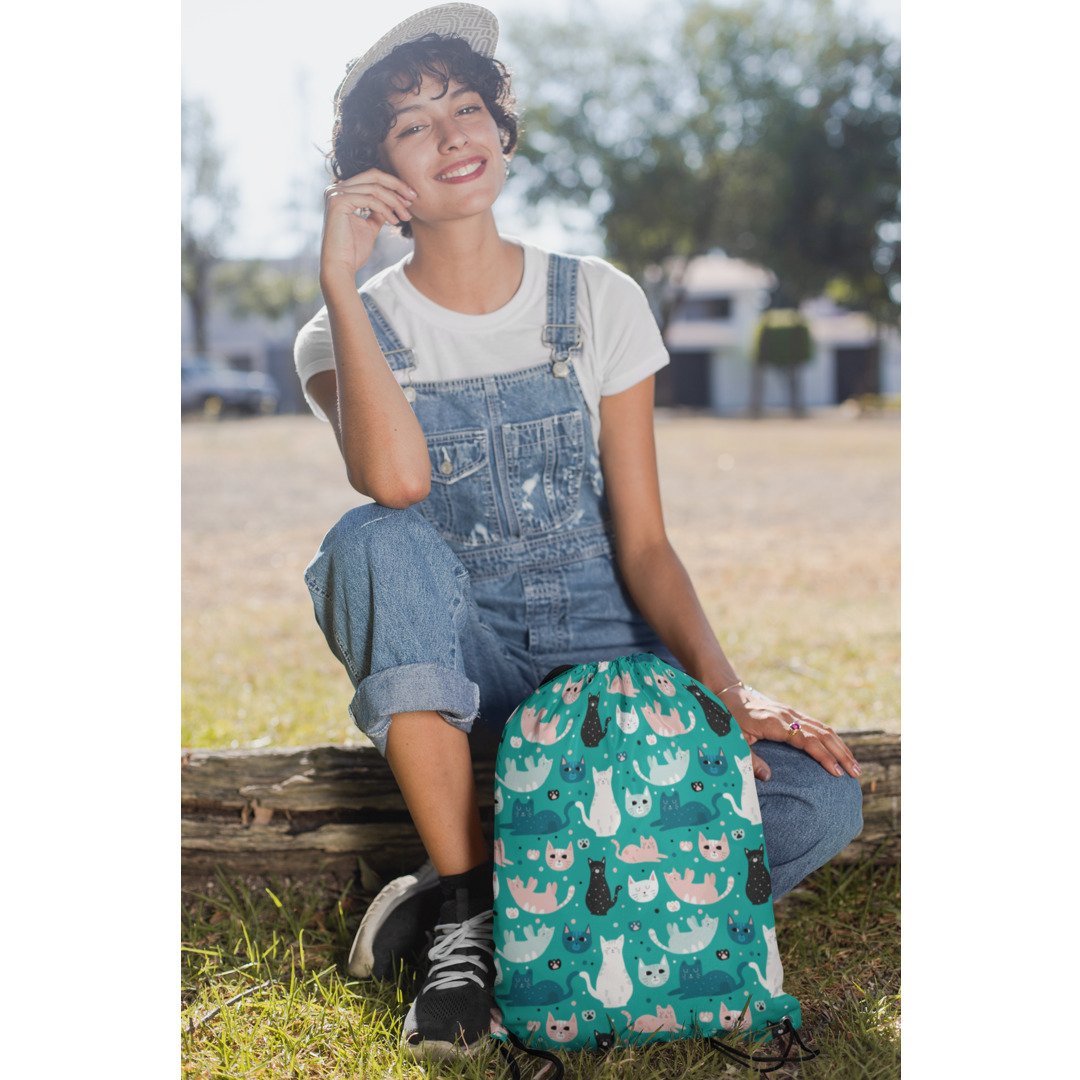 Cats & Paws Pattern Drawstring Bag #Green