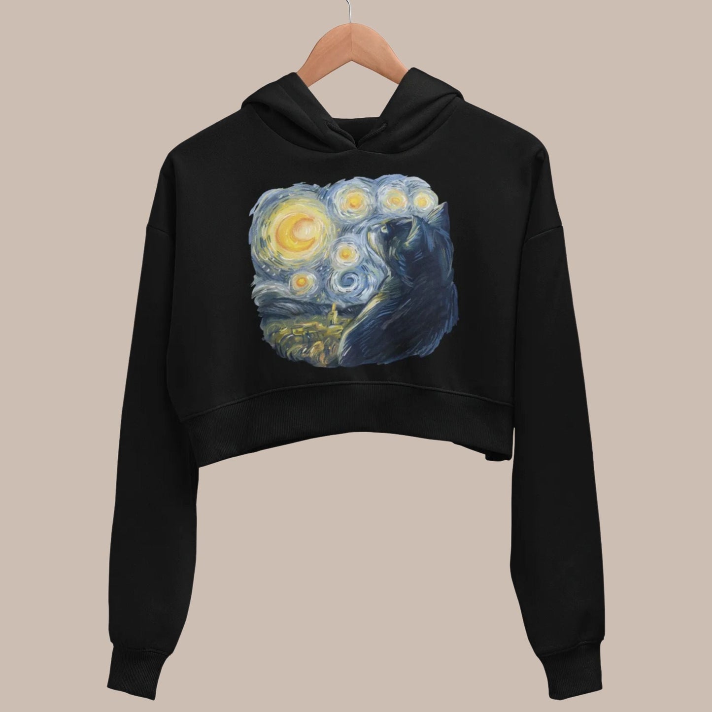 Van Gogh Cat Crop Hoodie
