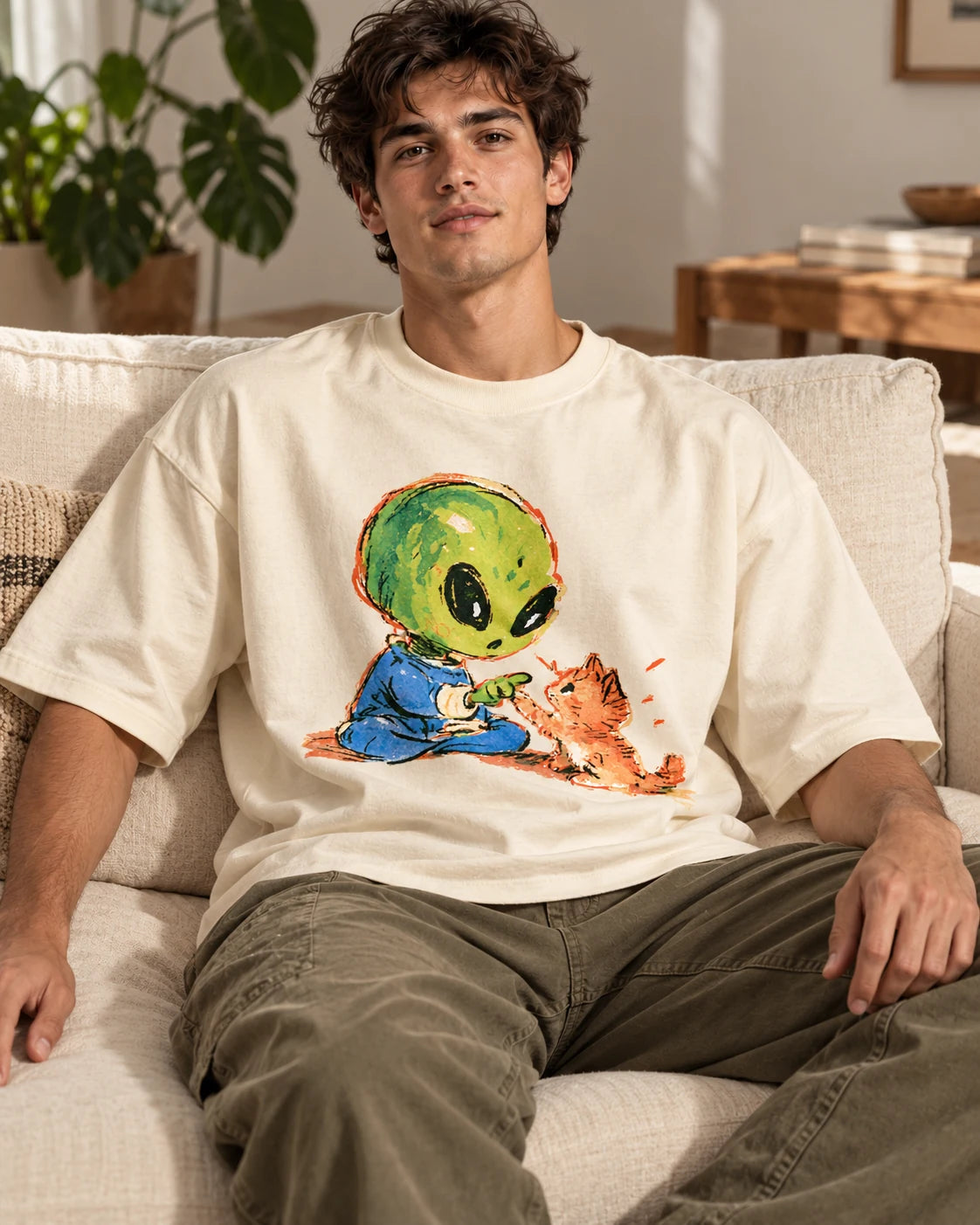 Man on a sofa in an off-white oversized French terry t-shirt with a green alien touching paws with an orange kitten