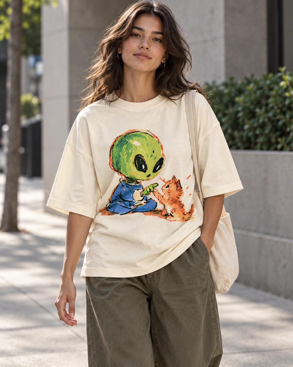 Woman on a street in an off-white oversized French terry t-shirt with a green alien touching paws with an orange kitten