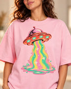Strawberry Signal print close-up: coral saucer and drippy pink, yellow and mint beam on light baby pink French terry