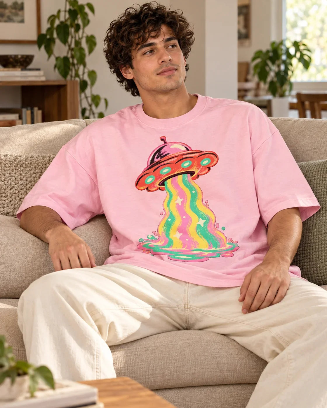 Man relaxing on a couch in the Strawberry Signal UFO oversized tee, light baby pink
