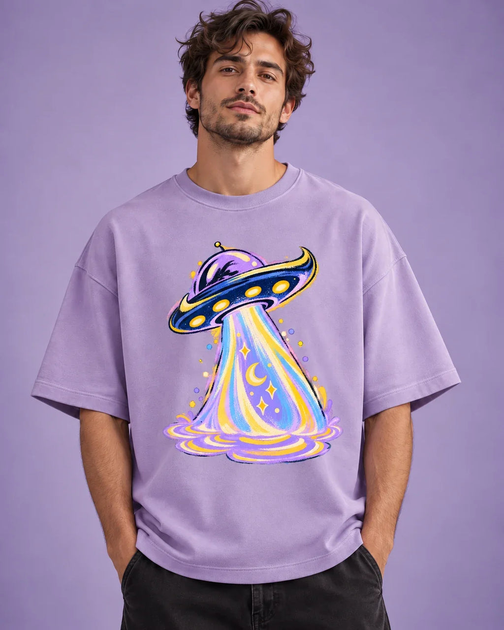 Model wearing the Moonbeam Club UFO oversized tee in lavender – Fourth Dimension Club