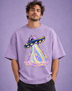 Model wearing the Moonbeam Club UFO oversized tee in lavender – Fourth Dimension Club