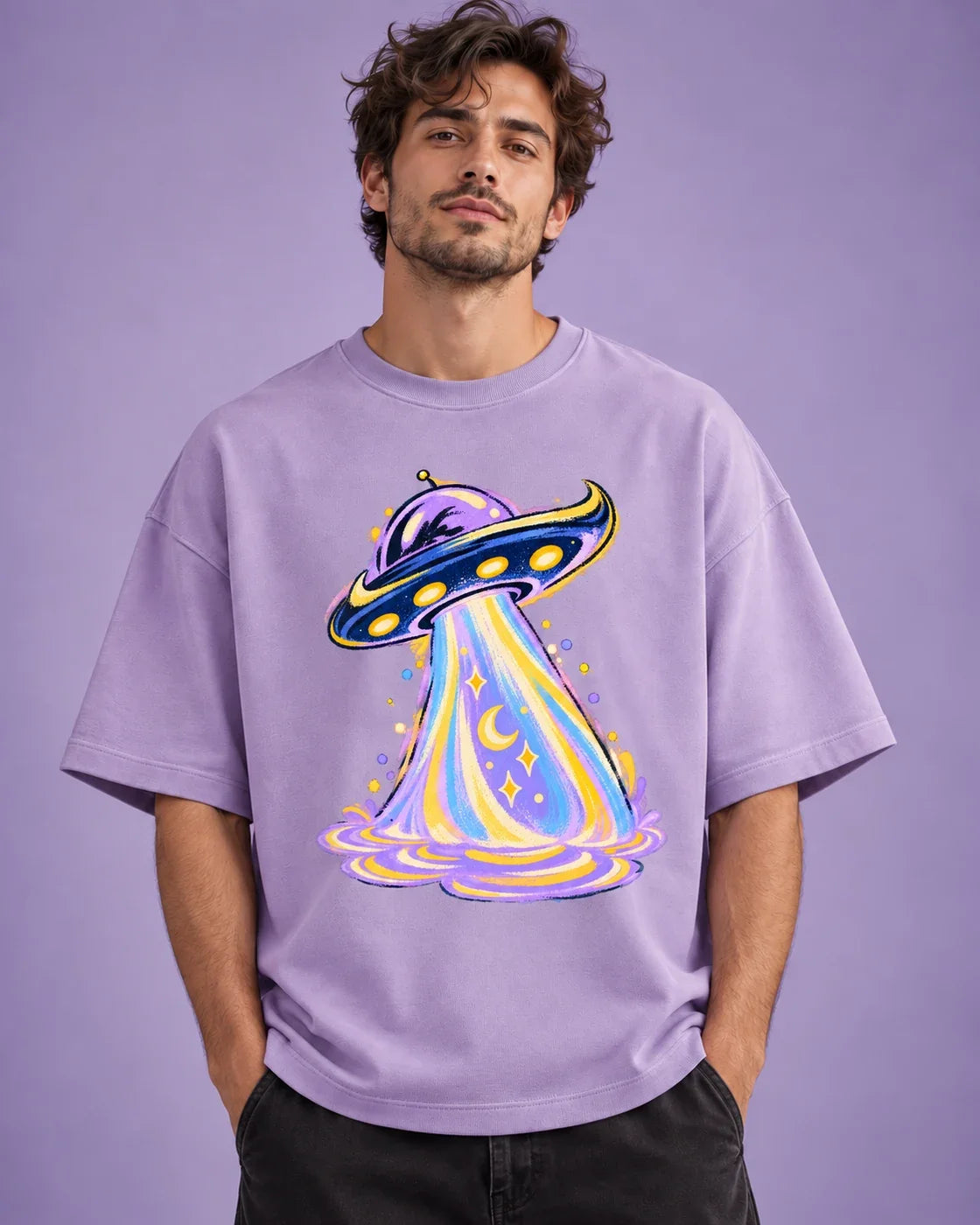 Model wearing the Moonbeam Club UFO oversized tee in lavender – Fourth Dimension Club