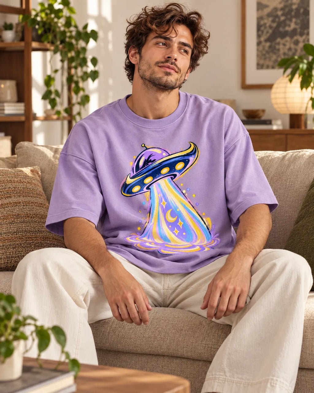 Man relaxing on a couch in the Moonbeam Club UFO oversized tee, lavender
