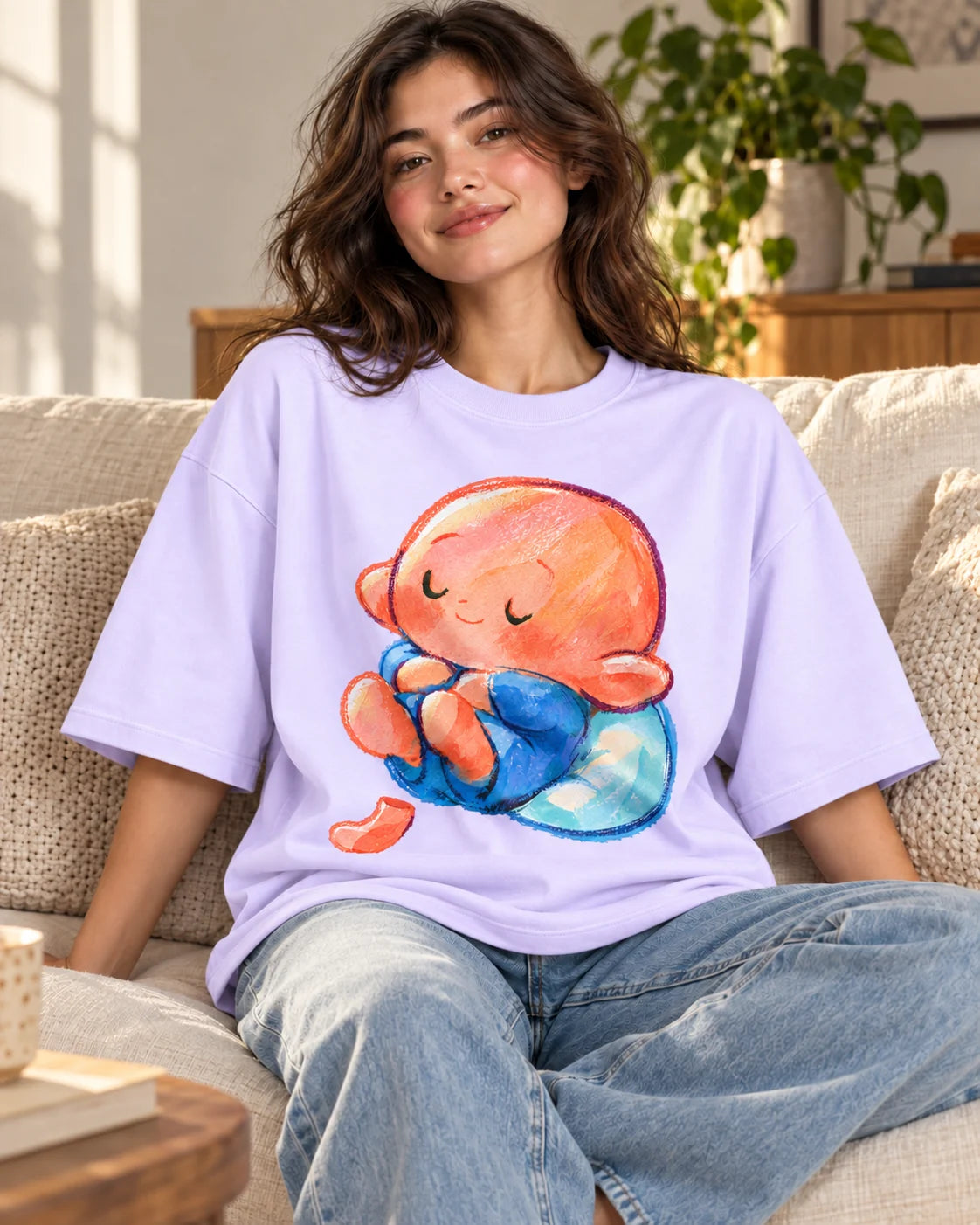Woman on a sofa in a lavender oversized French terry t-shirt with a sleeping orange-headed creature curled on a blue cushion