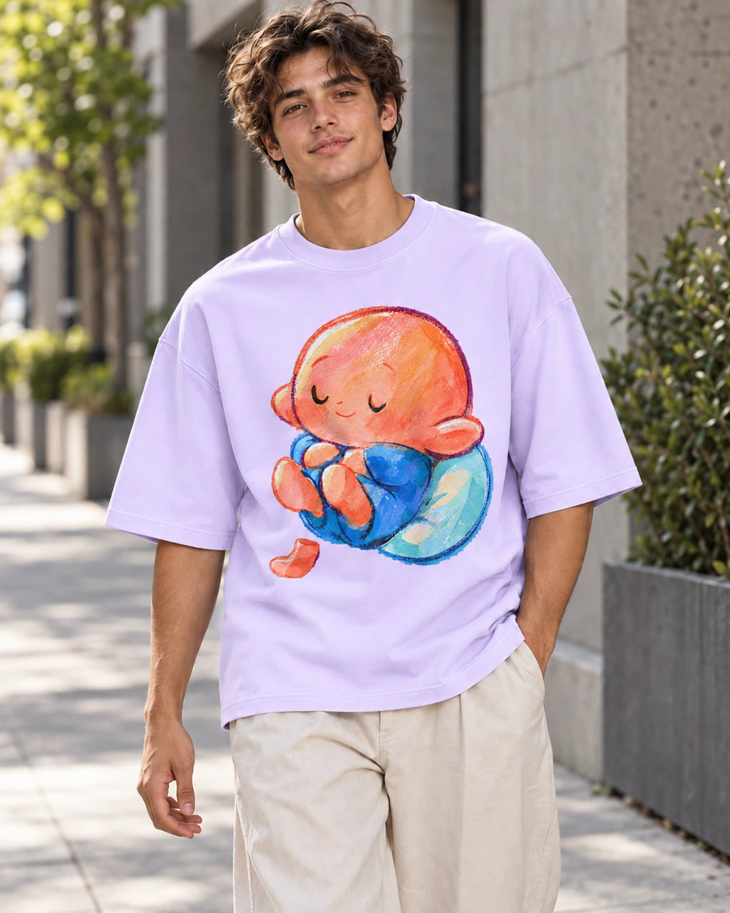 Man on a street in a lavender oversized French terry t-shirt with a sleeping orange-headed creature curled on a blue cushion