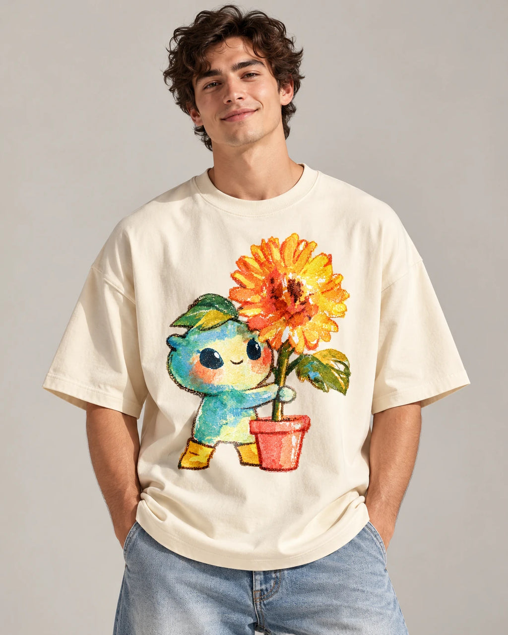 Man in an off-white oversized French terry t-shirt printed with a teal creature carrying a potted orange sunflower