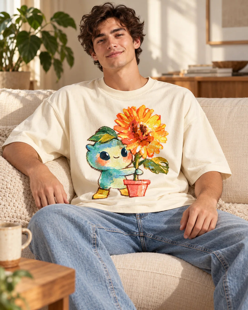 Man on a sofa in an off-white oversized French terry t-shirt with a teal creature carrying a potted orange sunflower