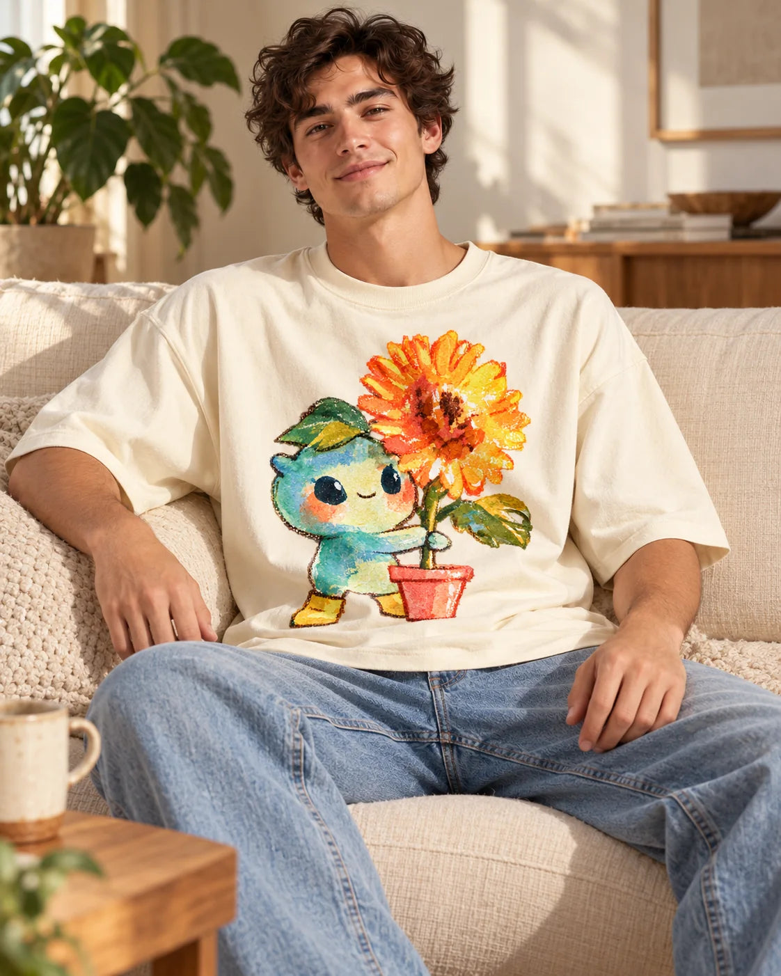 Man on a sofa in an off-white oversized French terry t-shirt with a teal creature carrying a potted orange sunflower