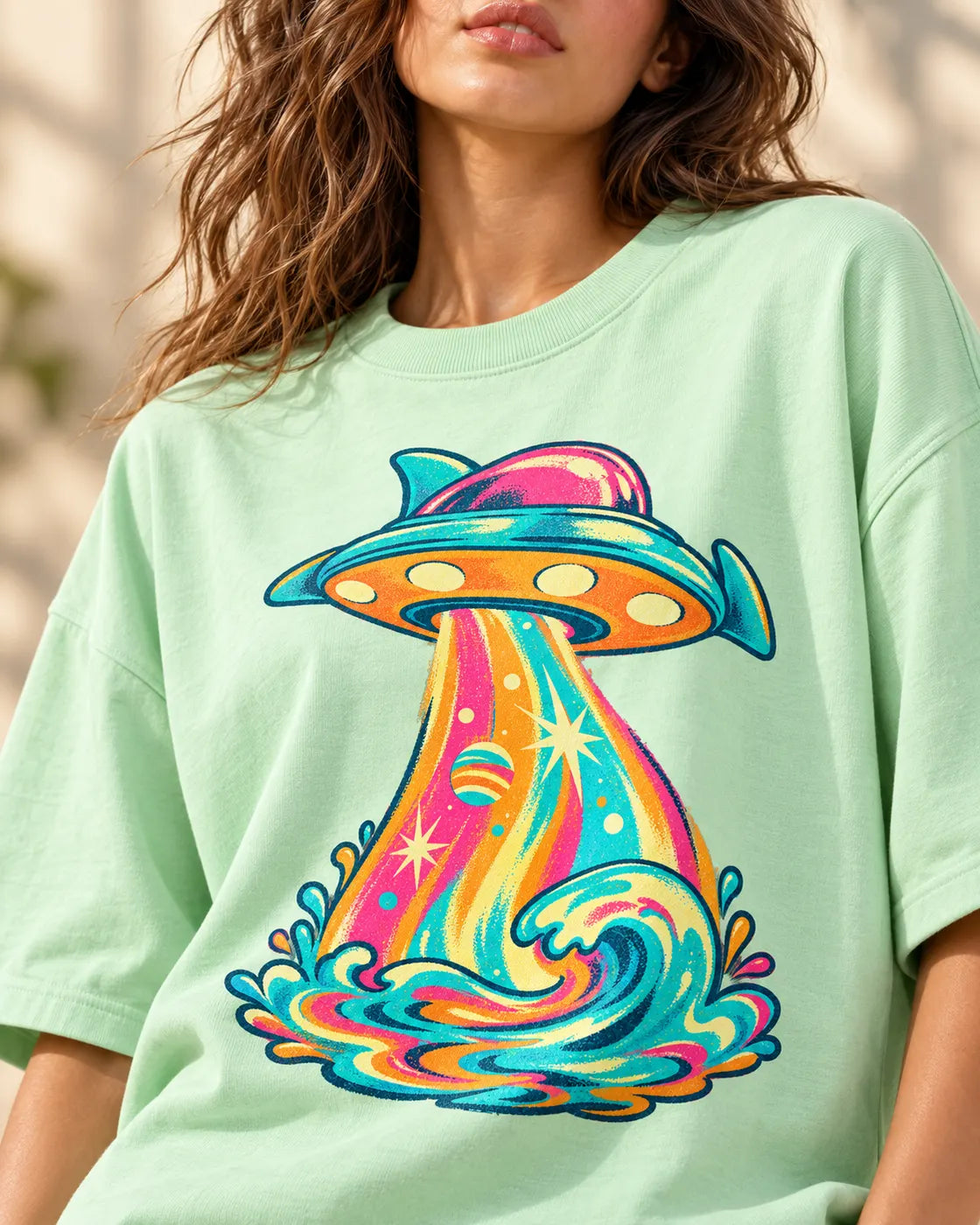 Angled close-up of the Tropical Transmission UFO print on a jade French terry tee