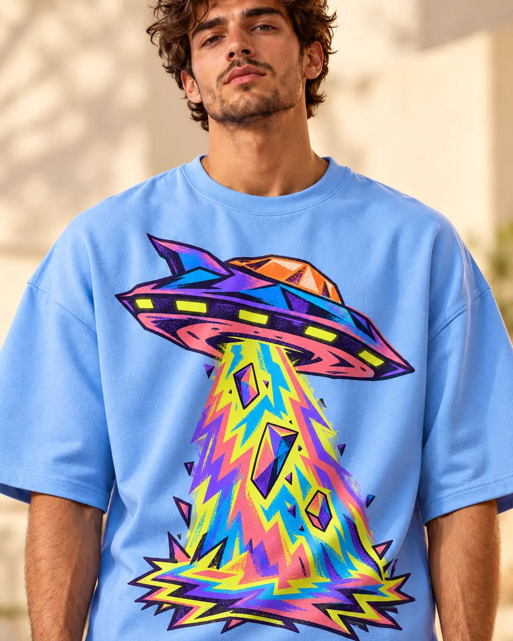 Arcade Anomaly print close-up: faceted saucer and neon zigzag beam with floating crystals on baby blue French terry