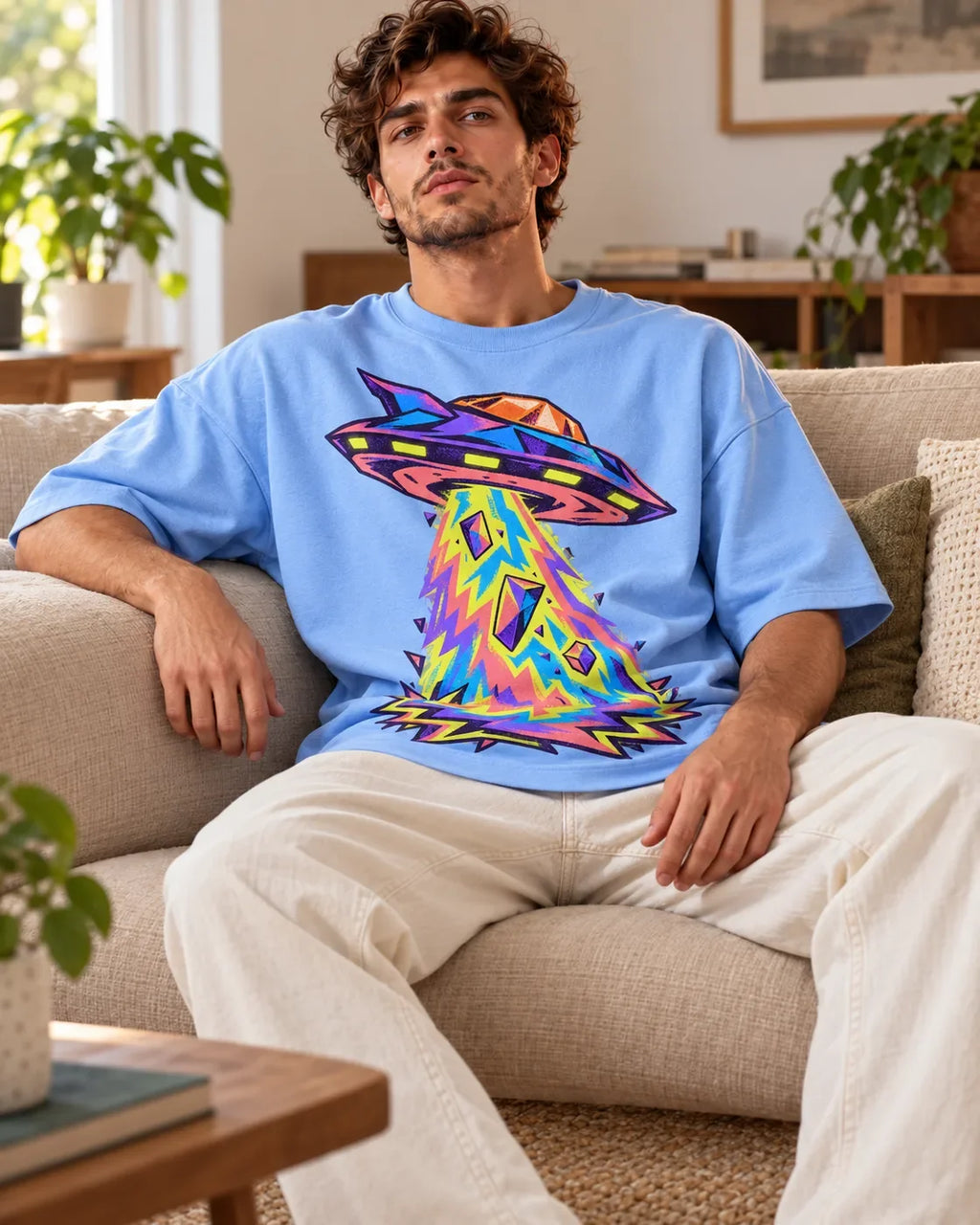 Man relaxing on a couch in the Arcade Anomaly UFO oversized tee, baby blue