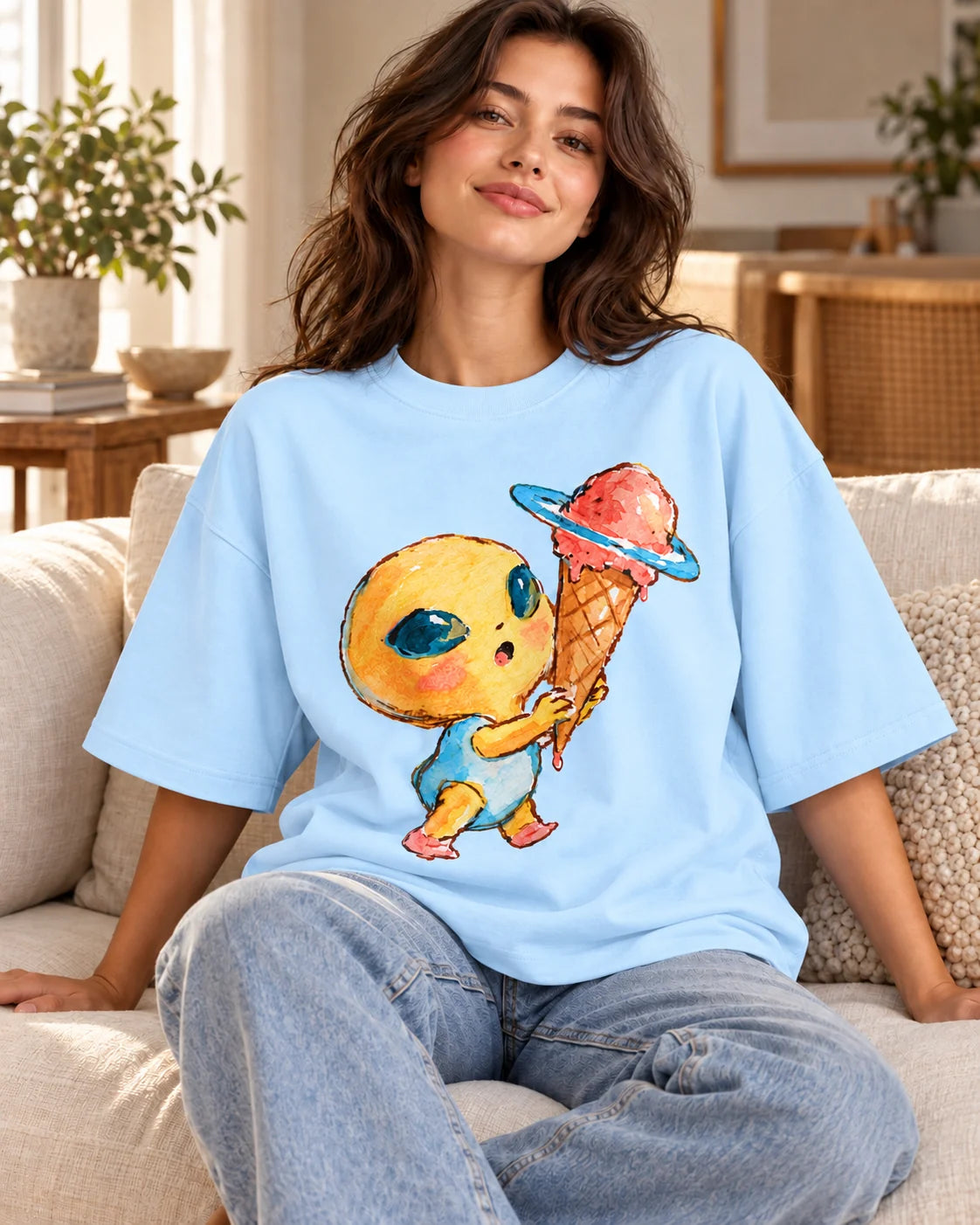 Woman on a sofa in a baby blue oversized French terry t-shirt with a yellow alien holding a Saturn-ringed ice cream cone