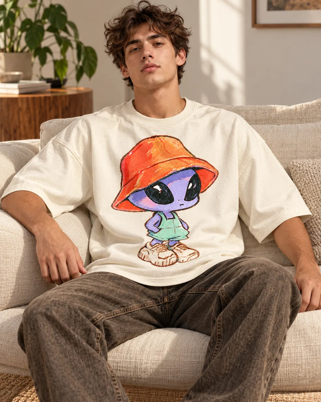 Man on a sofa in an off-white oversized French terry t-shirt with a purple alien in a bucket hat, overalls and sneakers