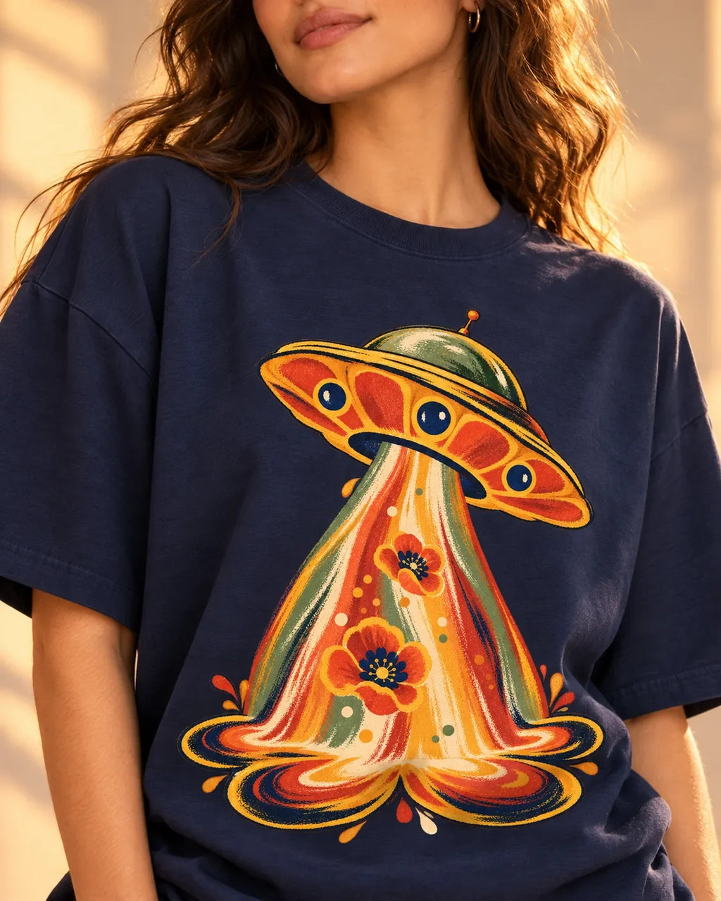 Angled close-up of the Solar Bloom UFO print on a navy blue French terry tee