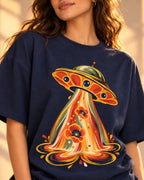 Angled close-up of the Solar Bloom UFO print on a navy blue French terry tee
