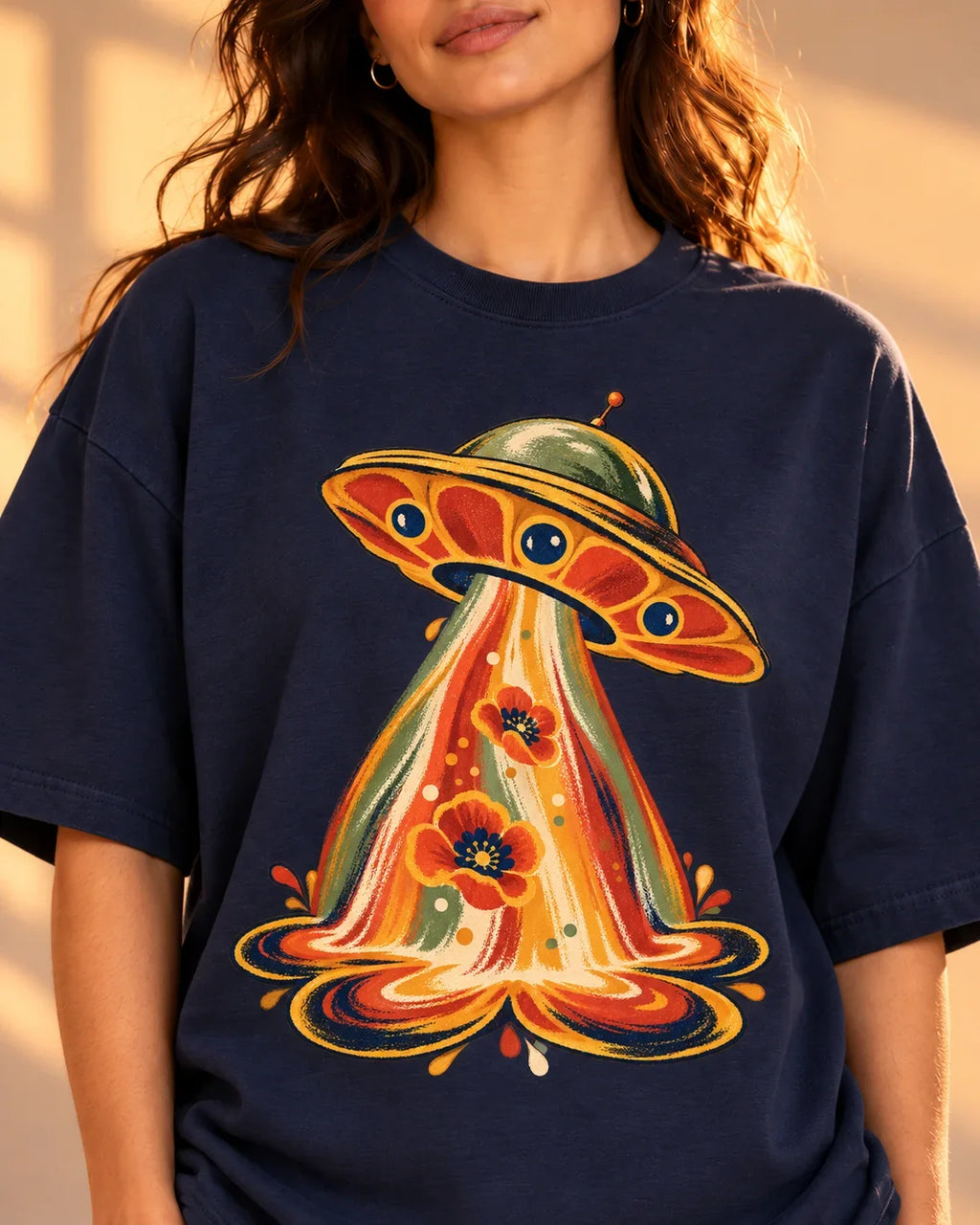 Solar Bloom print close-up: retro saucer with a 70s-striped beam of red-orange poppies on navy blue French terry