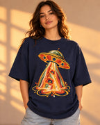 Model wearing the Solar Bloom UFO oversized tee in navy blue – Fourth Dimension Club