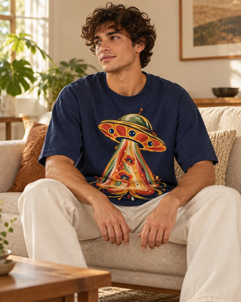 Man relaxing on a couch in the Solar Bloom UFO oversized tee, navy blue