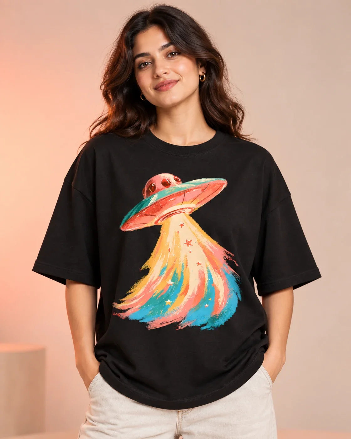 Model wearing the Peach Mirage UFO oversized tee in black – Fourth Dimension Club
