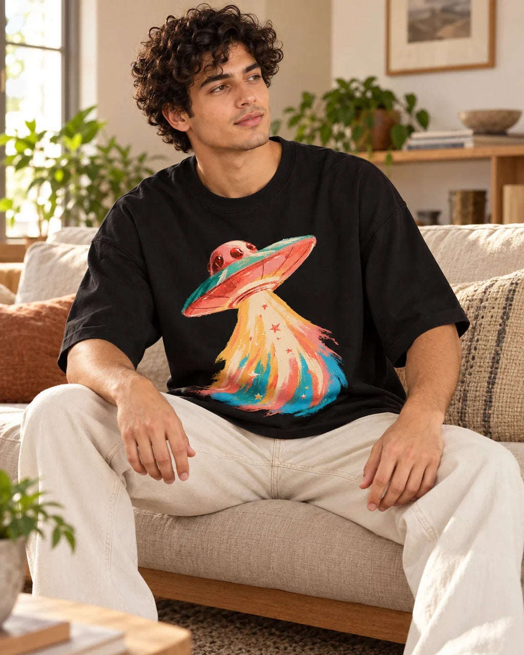 Man relaxing on a couch in the Peach Mirage UFO oversized tee, black