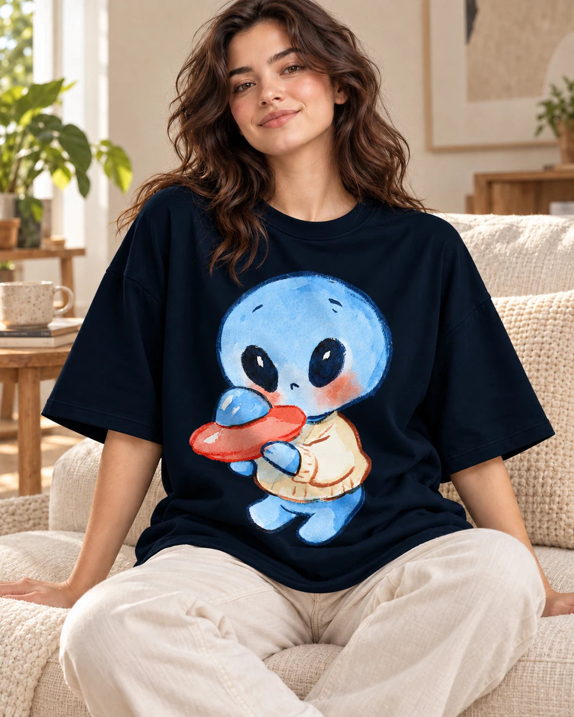 Woman on a sofa in a navy blue oversized French terry t-shirt with a blue alien in a sweater hugging a small red UFO
