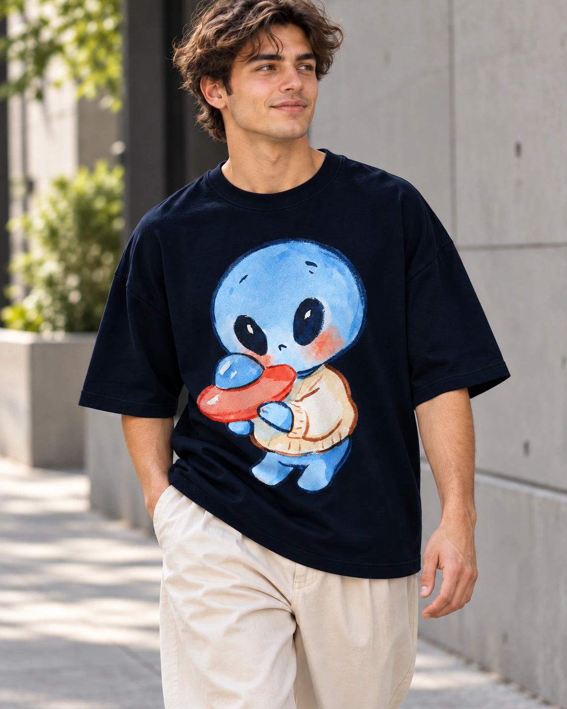 Man on a street in a navy blue oversized French terry t-shirt with a blue alien in a sweater hugging a small red UFO