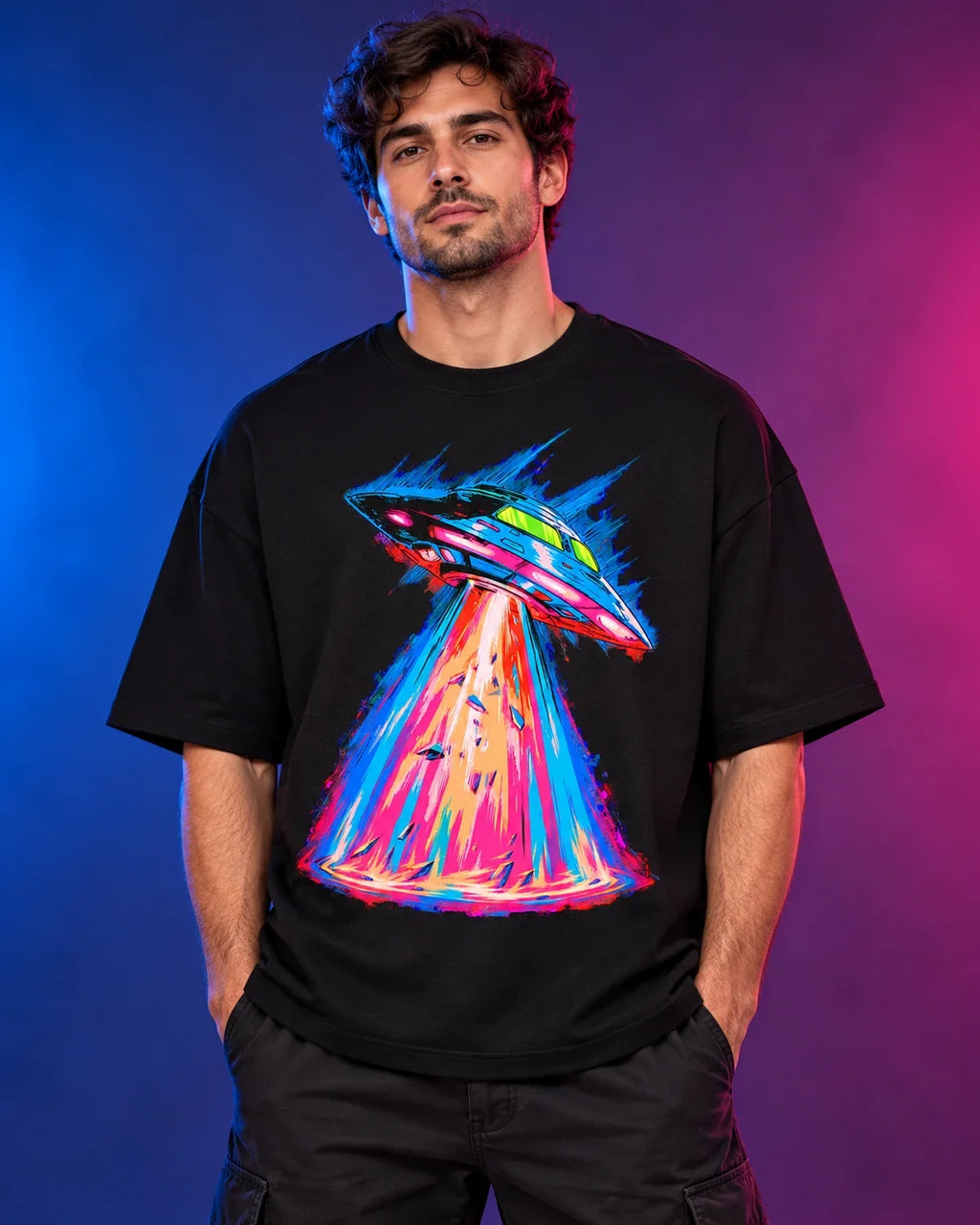 Model wearing the Hyperdrive Signal UFO oversized tee in black – Fourth Dimension Club