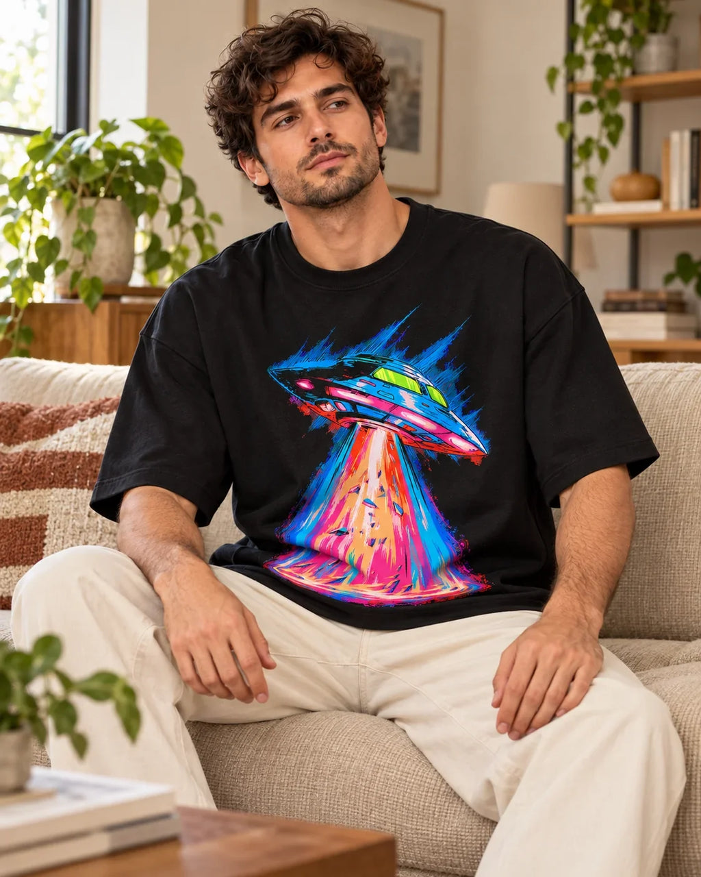 Man relaxing on a couch in the Hyperdrive Signal UFO oversized tee, black
