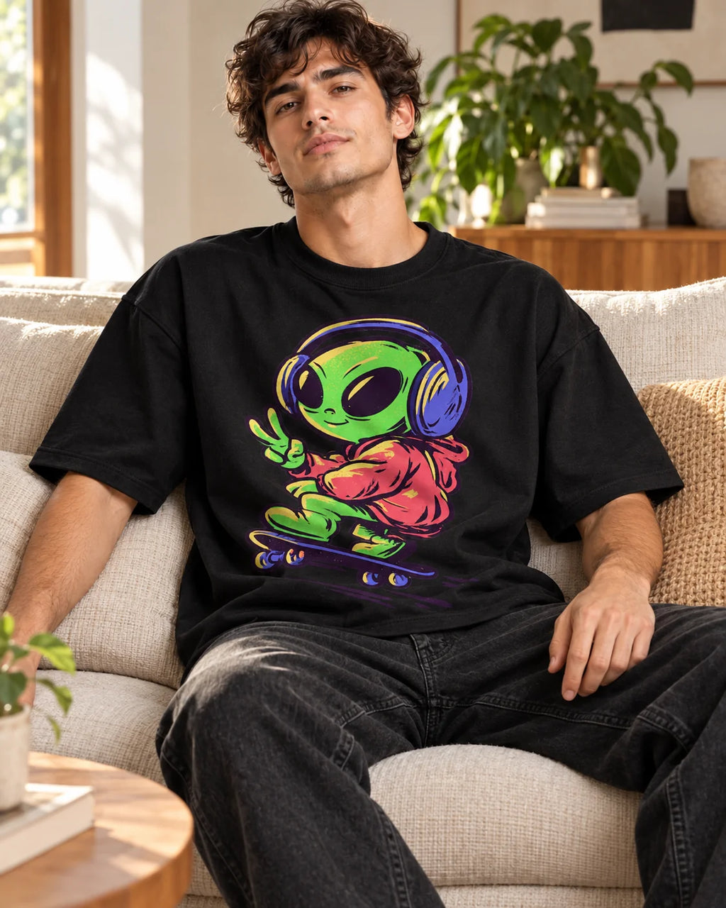 Man on a sofa in a black oversized French terry t-shirt with a green alien in headphones skateboarding with a peace sign