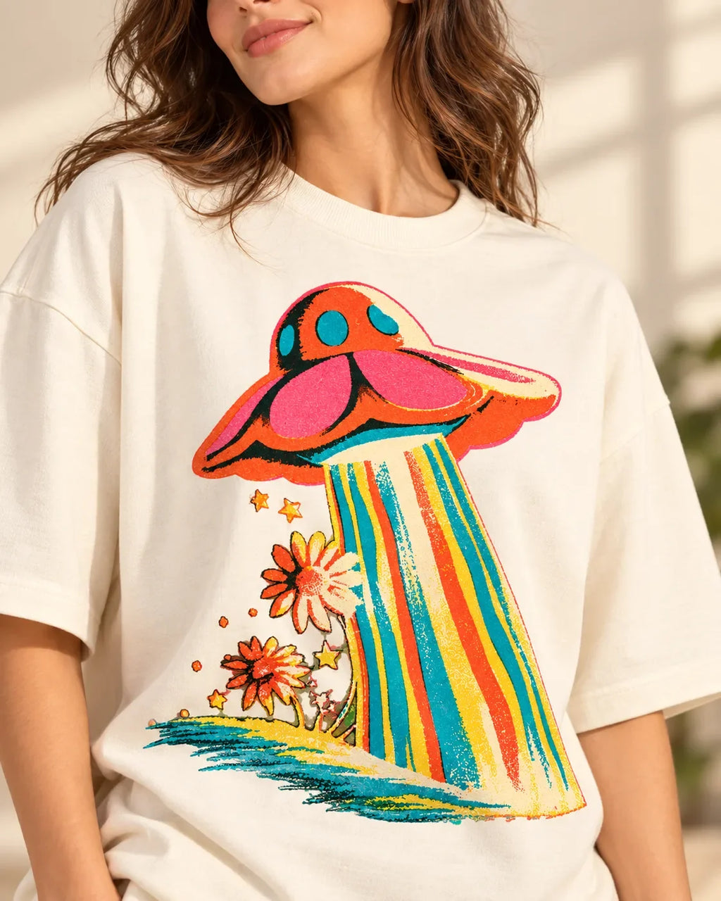 Angled close-up of the Cosmic Garden UFO print on an off-white French terry tee