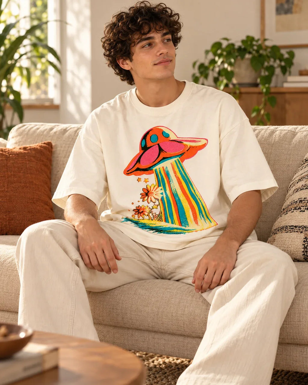 Man relaxing on a couch in the Cosmic Garden UFO oversized tee, off-white