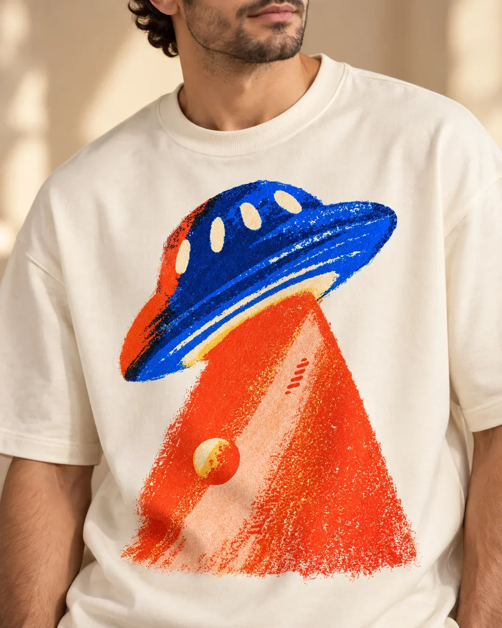 Angled close-up of the Cobalt Ember UFO print on an off-white French terry tee
