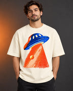 Model wearing the Cobalt Ember UFO oversized tee in off-white – Fourth Dimension Club