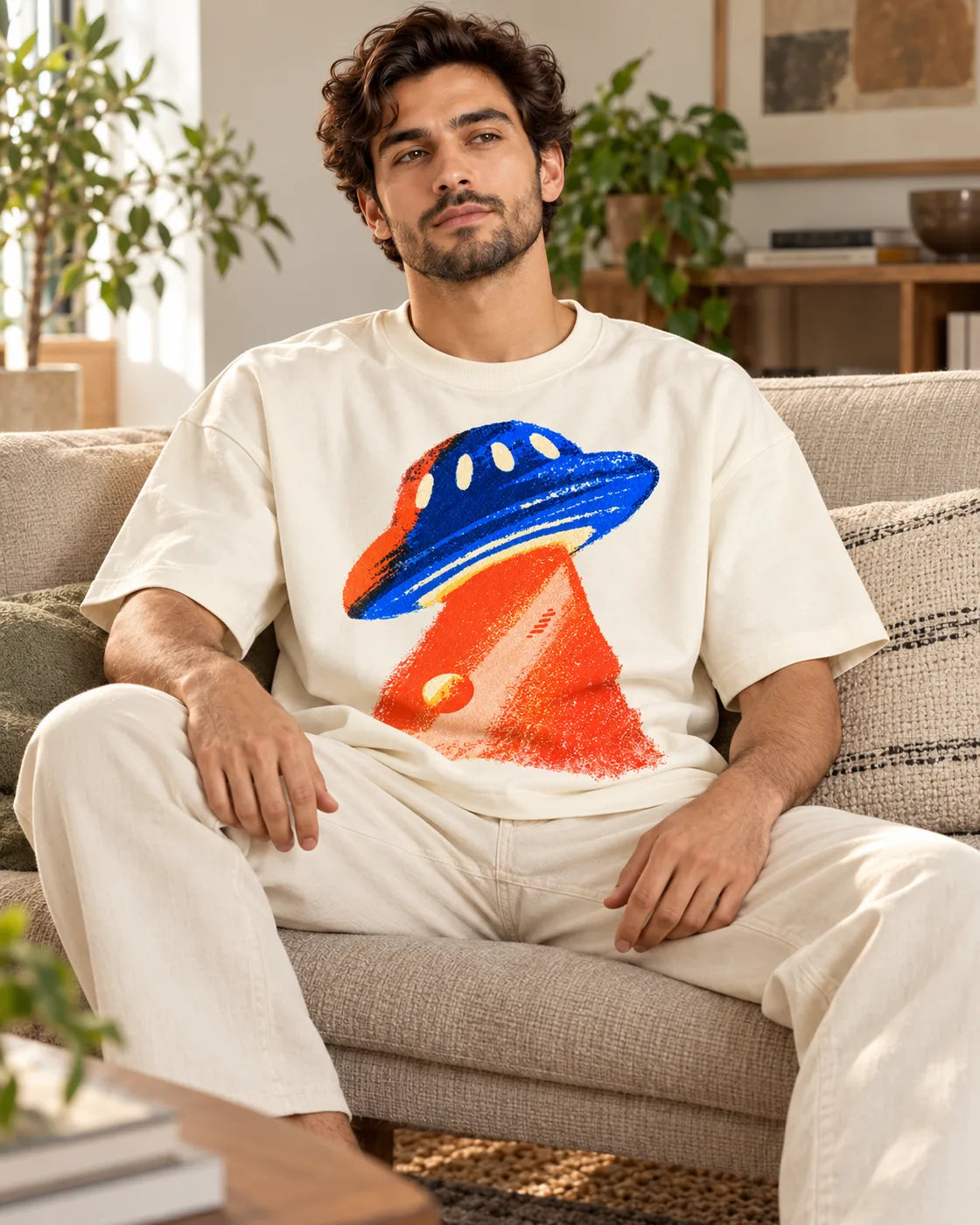 Man relaxing on a couch in the Cobalt Ember UFO oversized tee, off-white