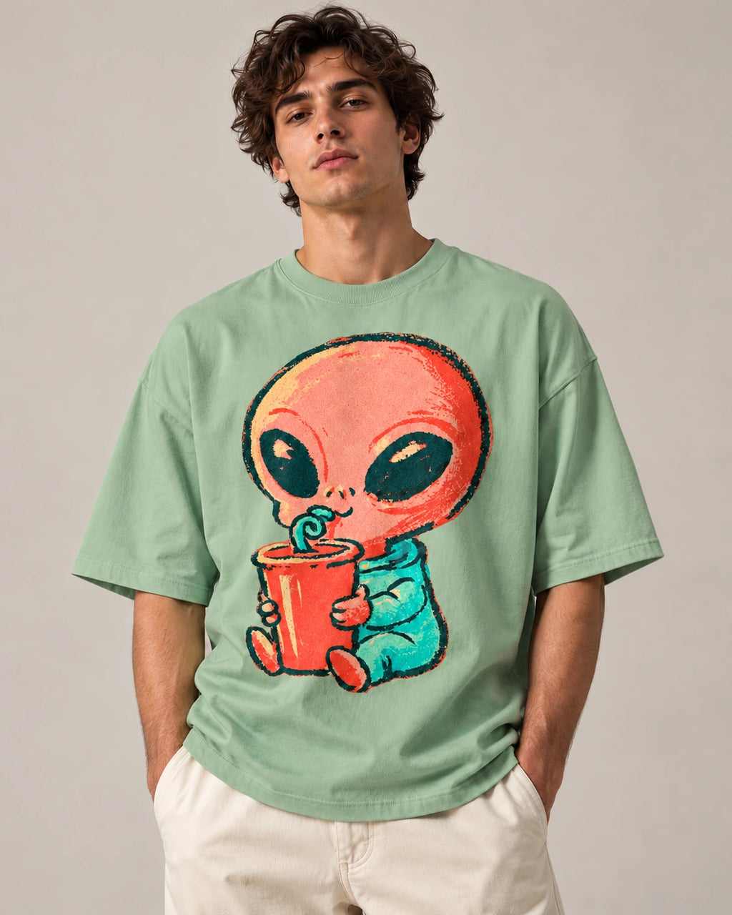 Man in a jade oversized French terry t-shirt printed with a coral alien sipping a red cup through a curly straw