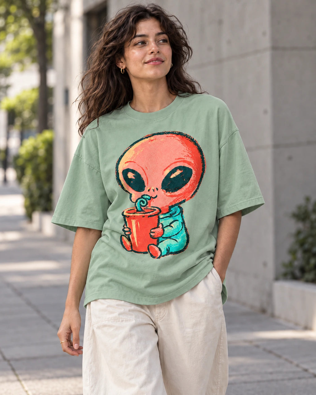 Woman on a street in a jade oversized French terry t-shirt with a coral alien sipping a red cup through a curly straw