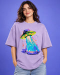 Model wearing the Electric Lagoon UFO oversized tee in lavender – Fourth Dimension Club