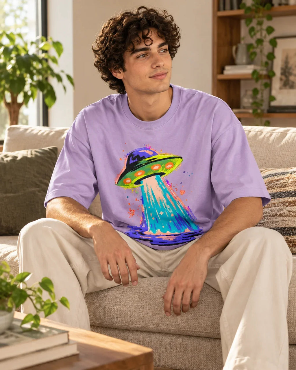 Man relaxing on a couch in the Electric Lagoon UFO oversized tee, lavender