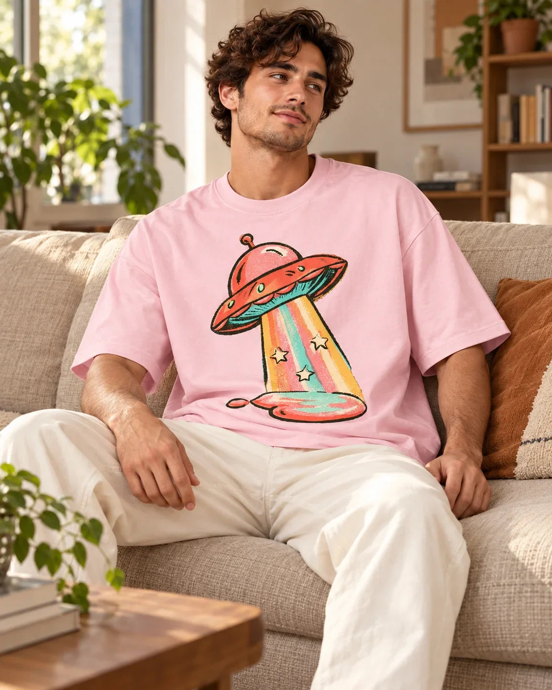 Man relaxing on a couch in the Candy Orbit UFO oversized tee, light baby pink