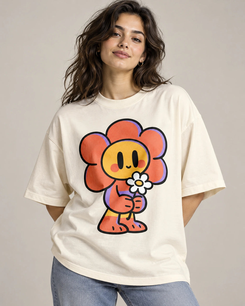 Woman in an off-white oversized French terry t-shirt printed with a smiling orange flower character holding a daisy