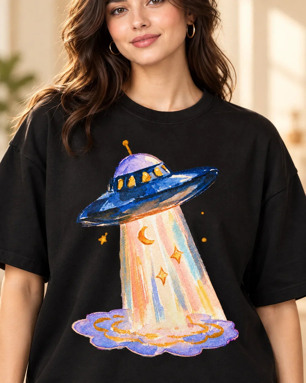 Lunar Haze print close-up: watercolor saucer beaming a crescent moon and stars onto a lilac cloud on black French terry