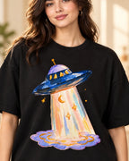 Lunar Haze print close-up: watercolor saucer beaming a crescent moon and stars onto a lilac cloud on black French terry