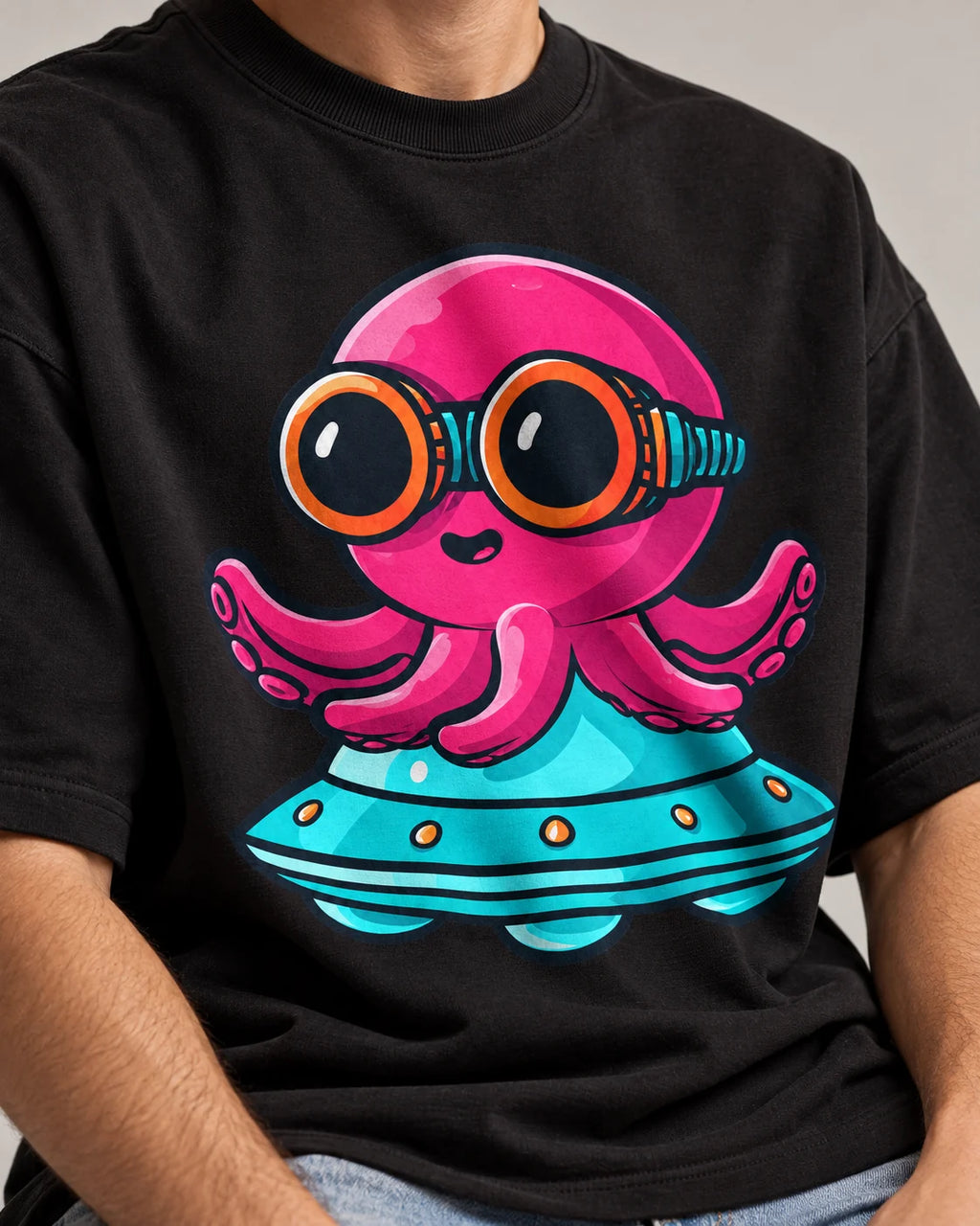 Close-up of a pink octopus in goggles flying a teal UFO printed on a black oversized French terry t-shirt