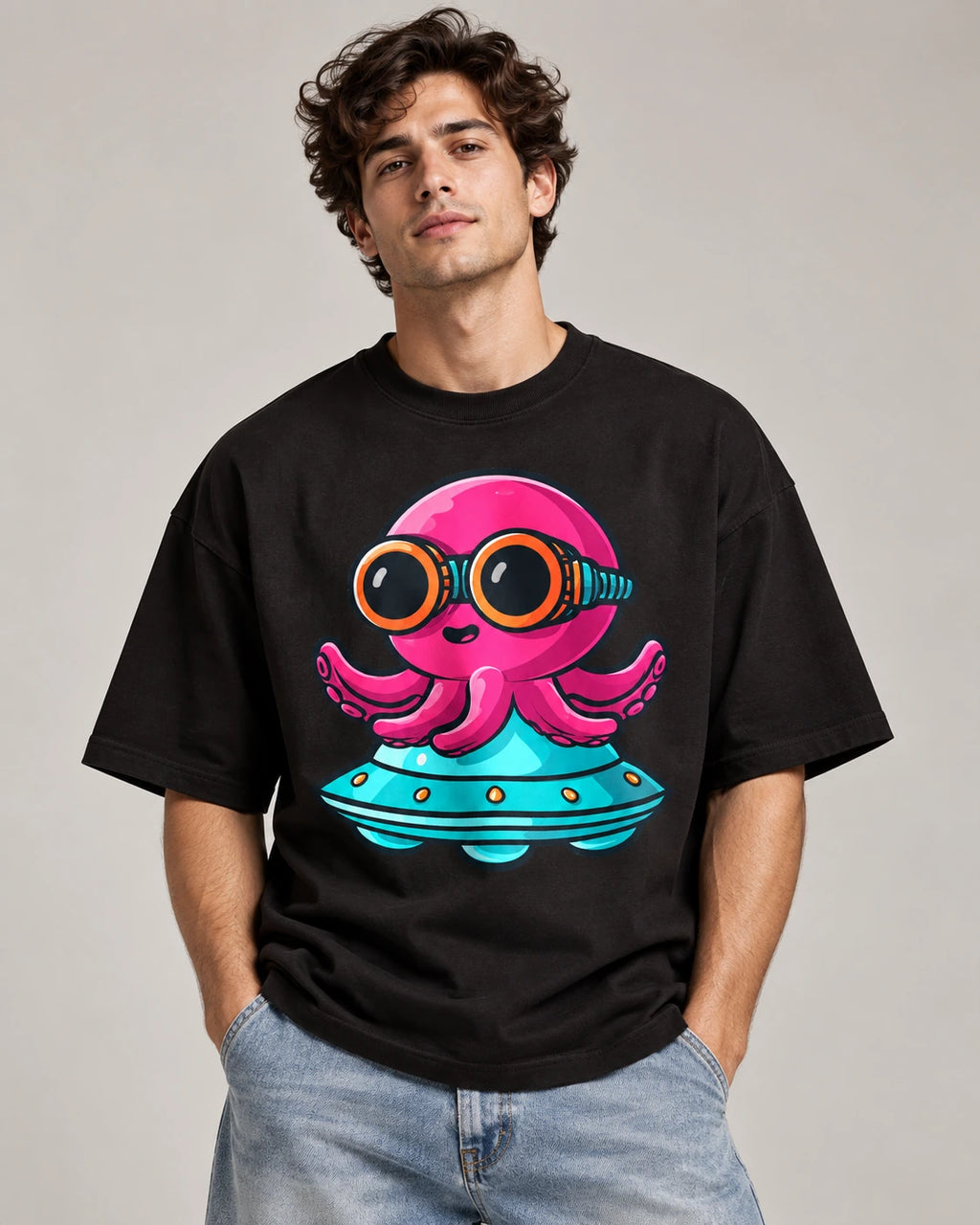 Man in a black oversized French terry t-shirt printed with a pink octopus in goggles flying a teal UFO